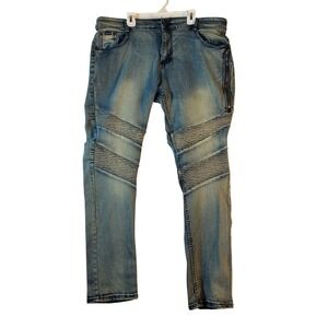 One Point One Men's Moto Jeans W36x30L Blue Distressed Stretch Slim Fit